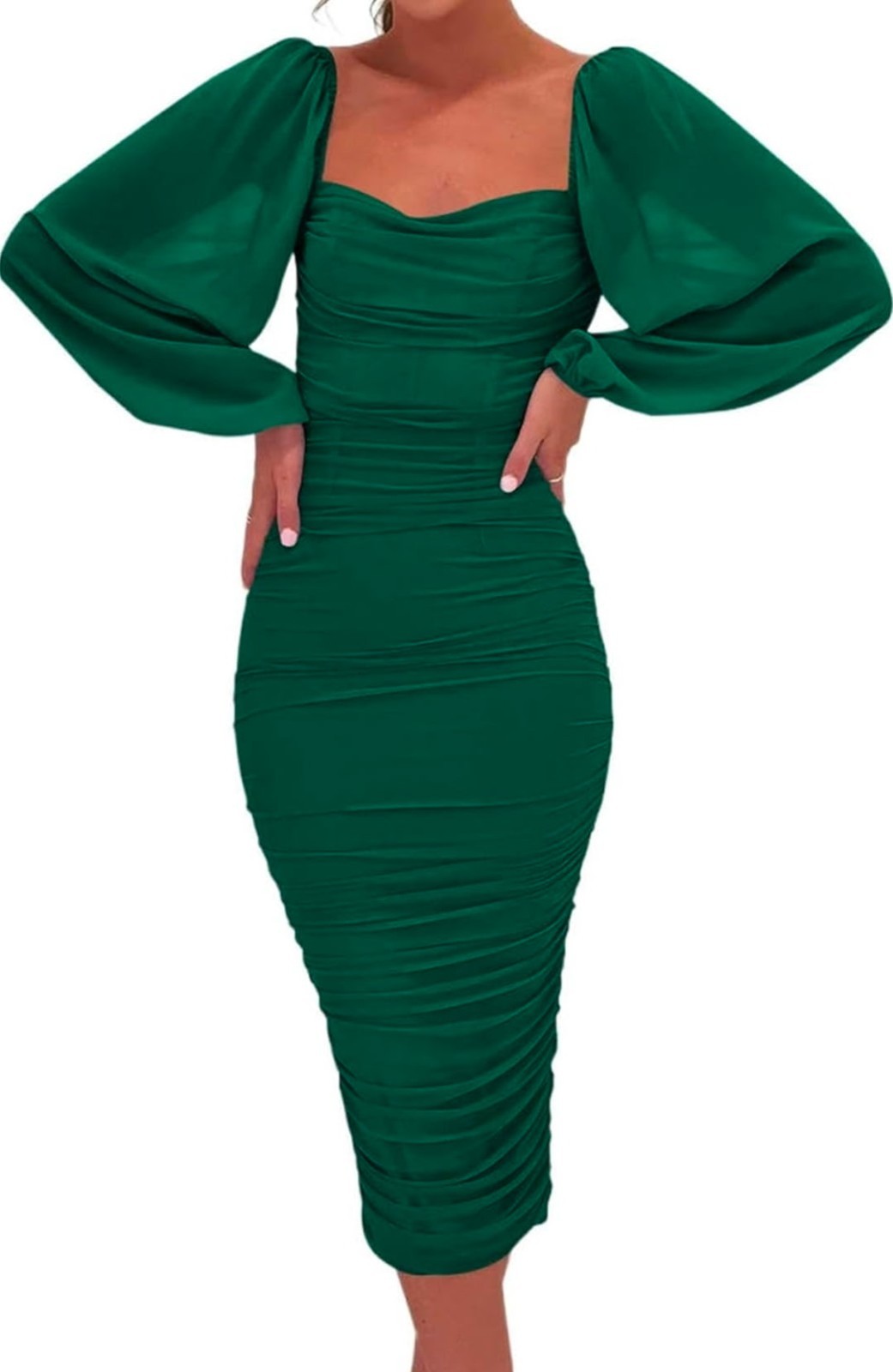 Elegant Long Puff Sleeve Ruched Bodycon Dress for Women Midi Cocktail Wedding…