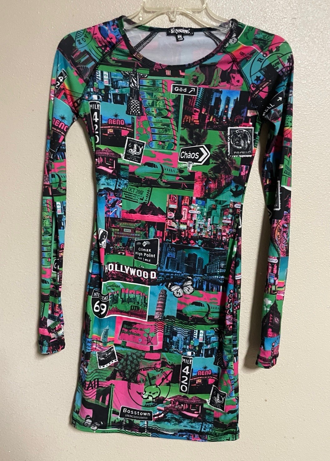 Vintage Horoscope Dress XS Spandex Multicolored Graphic Print 3/4 Sleeve