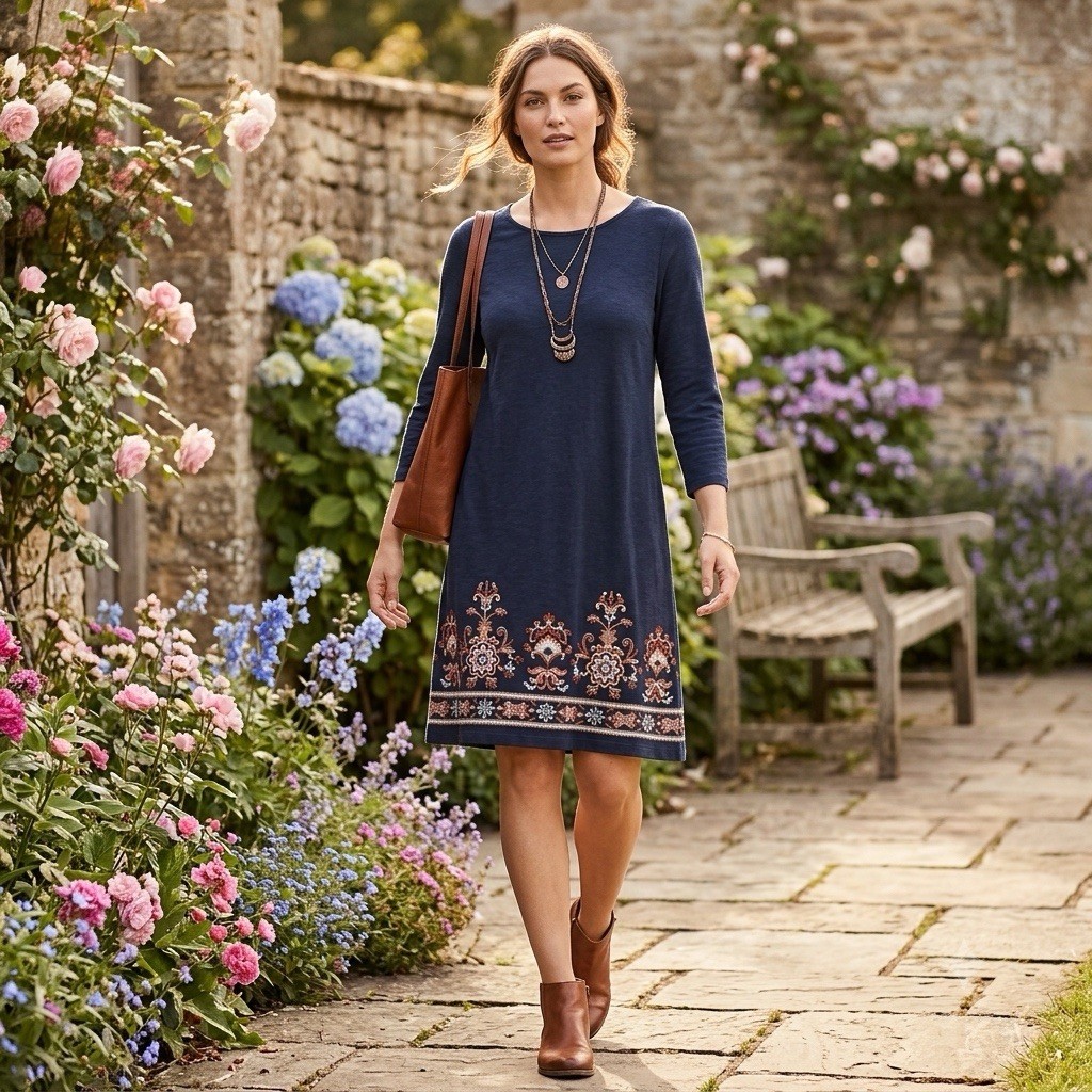 J. Jill Embroidered Boho Sz XL Navy Blue 3/4 Sleeve Knit Sheath Dress Comfort