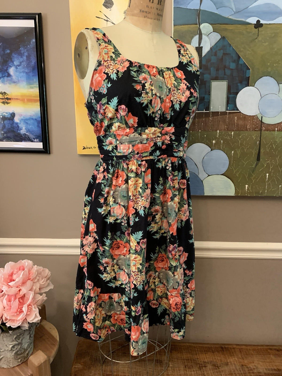Angie Cotton Black Multi Floral Ruffled Midi Summer Dress L Boho