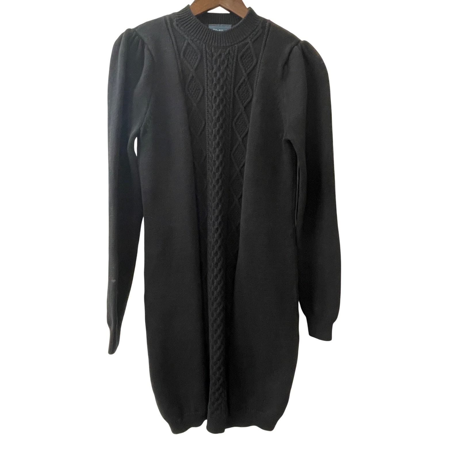 ModCloth Sweater Dress Womens Large Black Cable Knit Puff Sleeve Academic Chunky