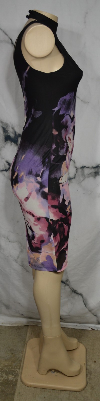 VENUS Black Multicolor Floral Sleeveless Dress XS High Neckline Sheer V Open Bck