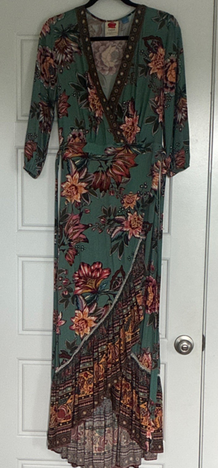 FARM for Anthropologie Floral Wrap Maxi Dress V-Neck Green Multi 3/4 S