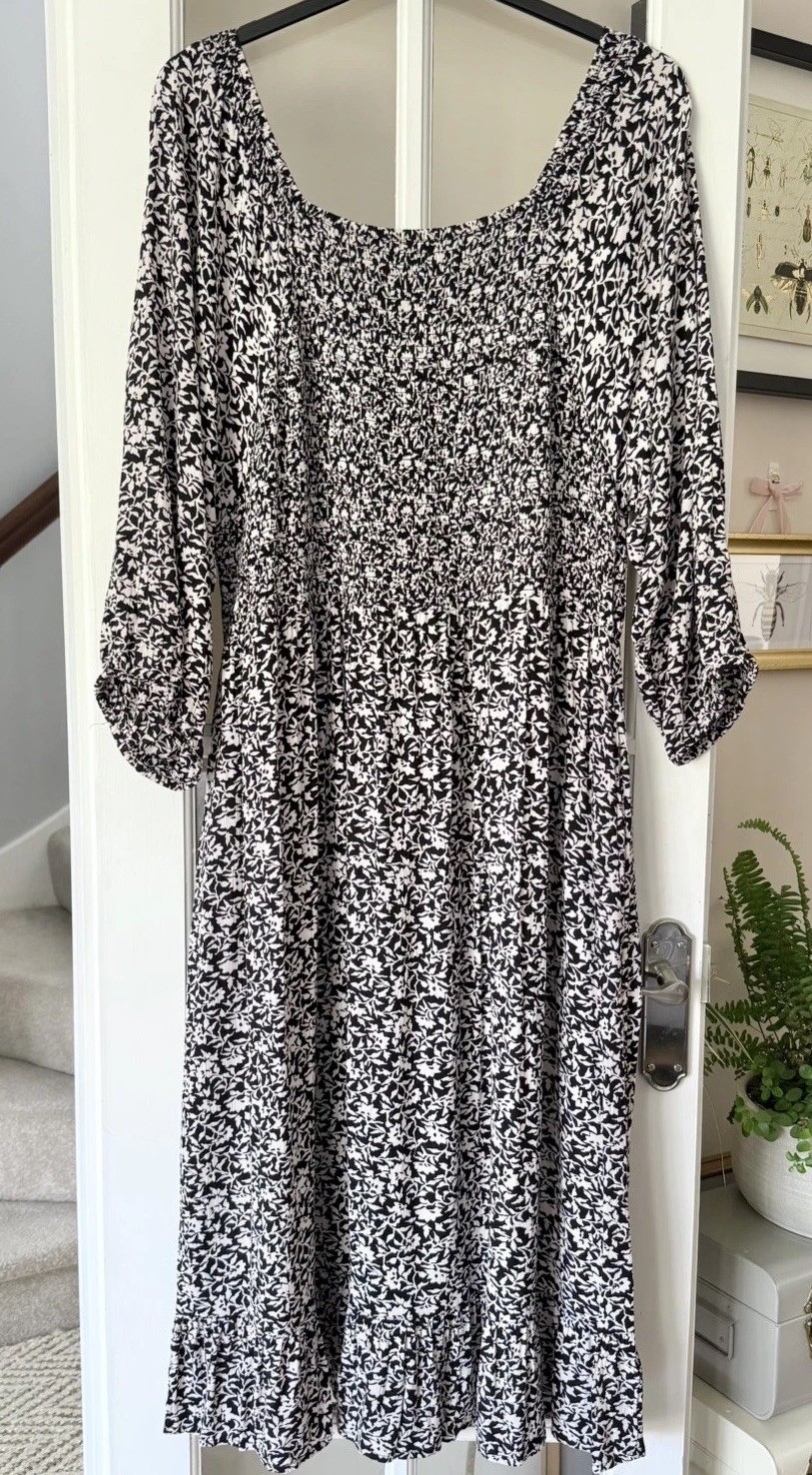 Fat Face Adele Black White Vines Print Midi Dress Shirred Bust Sleeve Size 24 R