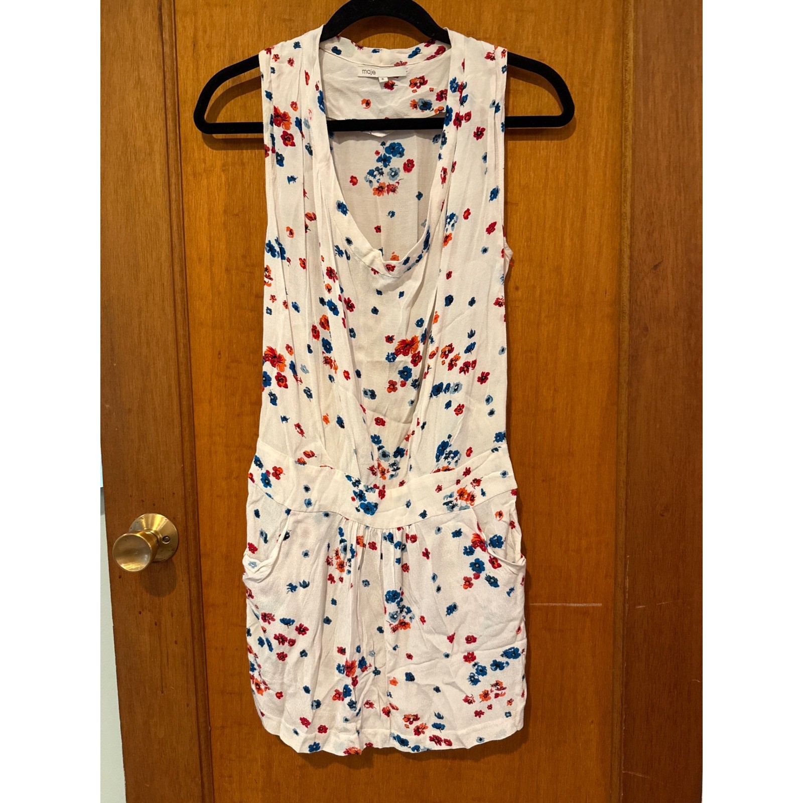 Maje dress Small floral ivory short drop waist red blue tank sleeveless