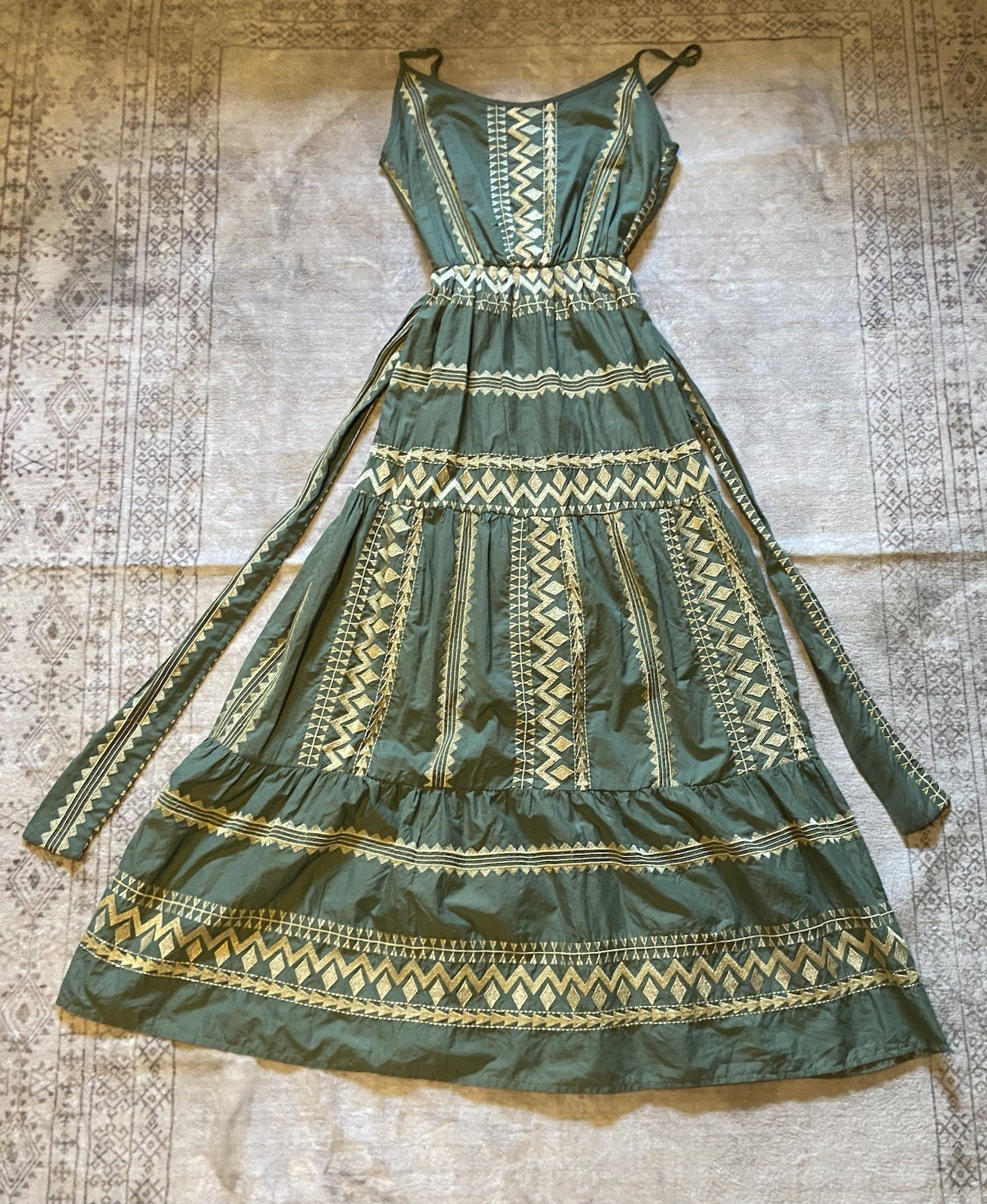 Aether Concept Nerina Greek Designer Long Dress NWT $185 Green/khaki Gold
