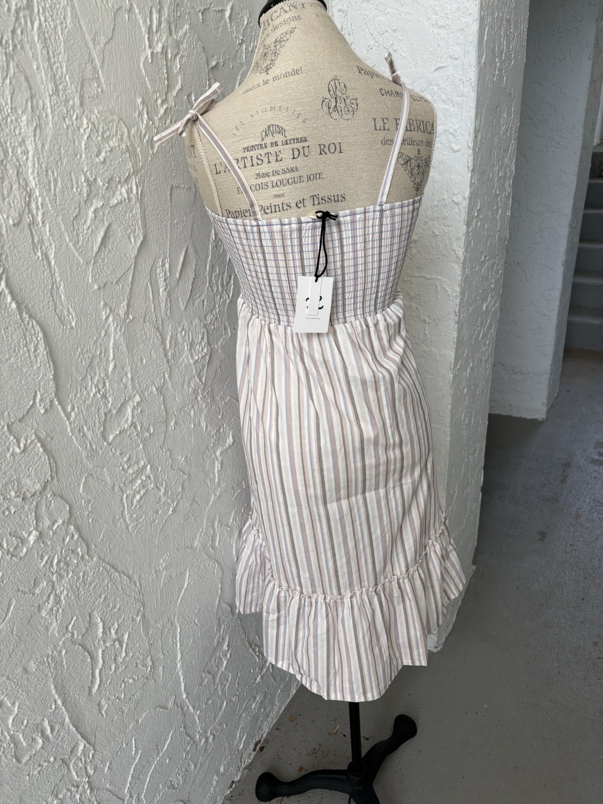 L by Ladida Slippe Beige White Blue Striped Cotton Knee Sundress Ruffle Bow 8
