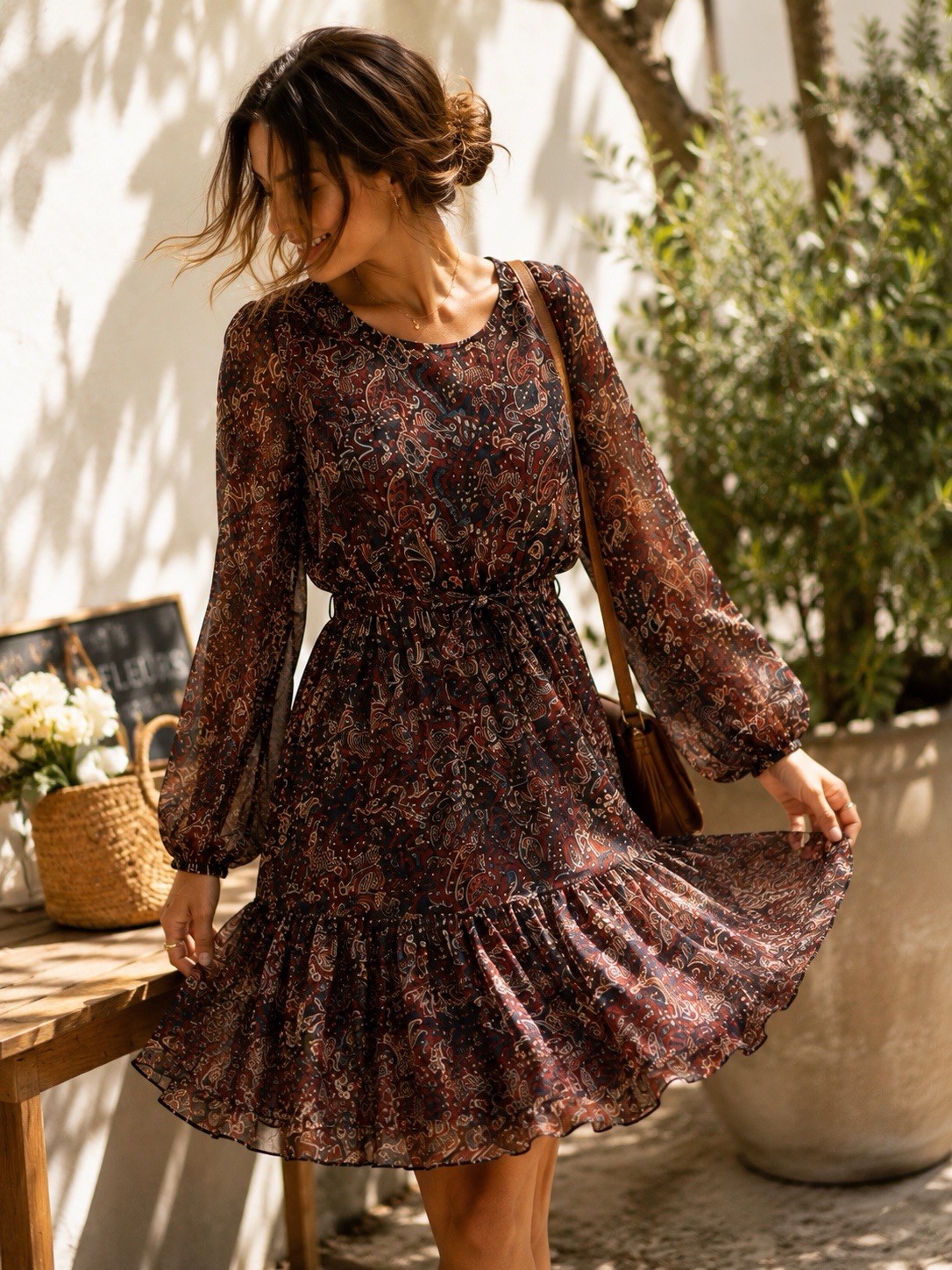 Lara Guidotti Women Silk Dress Brown Paisley Midi Flowy Long Sleeve Italy S NWT