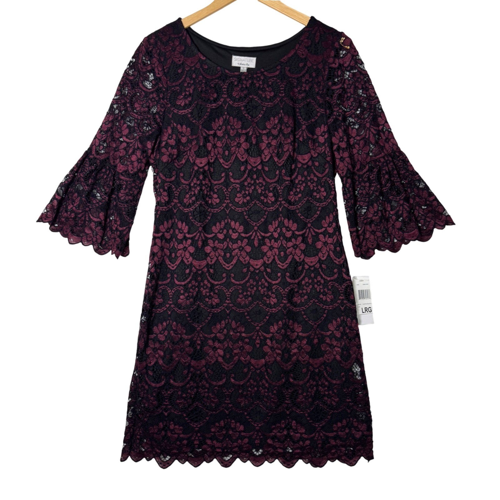 Robbie Bee Womens Large Purple Black Lace Bell Sleeve Cocktail Party Dress New