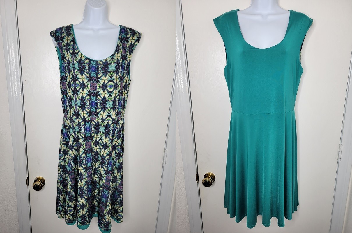 Betabrand Sleeveless Reversible Dress Women’s Size- LARGE – Blue teal geometric