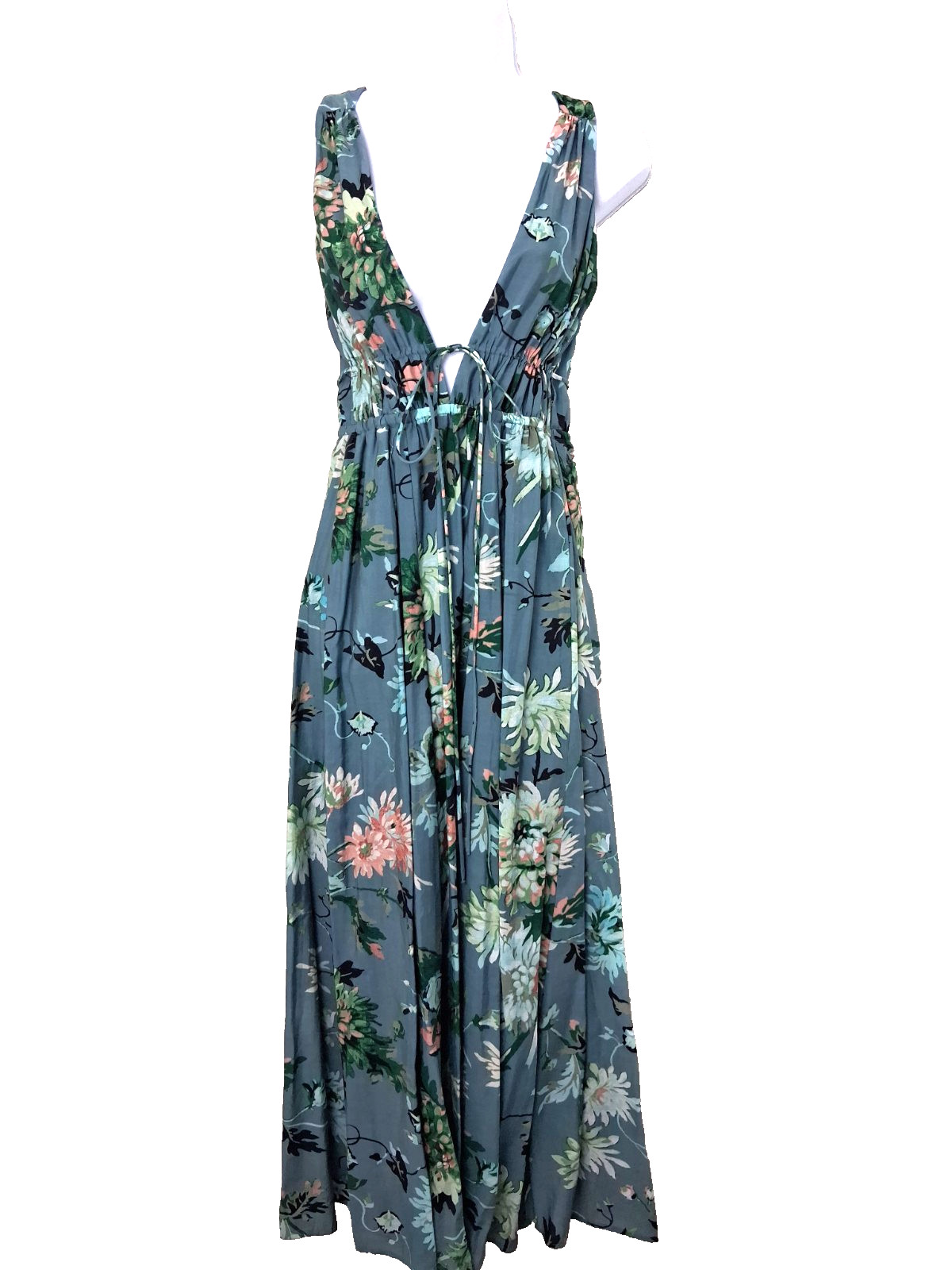 H&M Floral Maxi Dress Deep V Neckline Lace Up Open Back Lined Size XS Fairygrung
