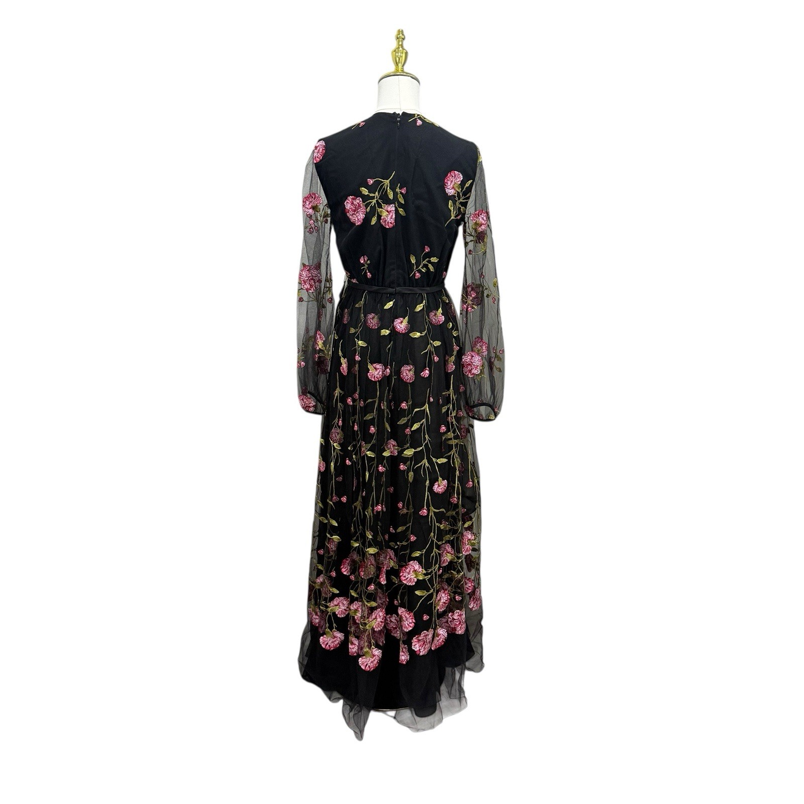 GIAMBATTISTA VALLI Carnation Embroidered Long Sleeve Maxi Dress Black/Rose SZ 4