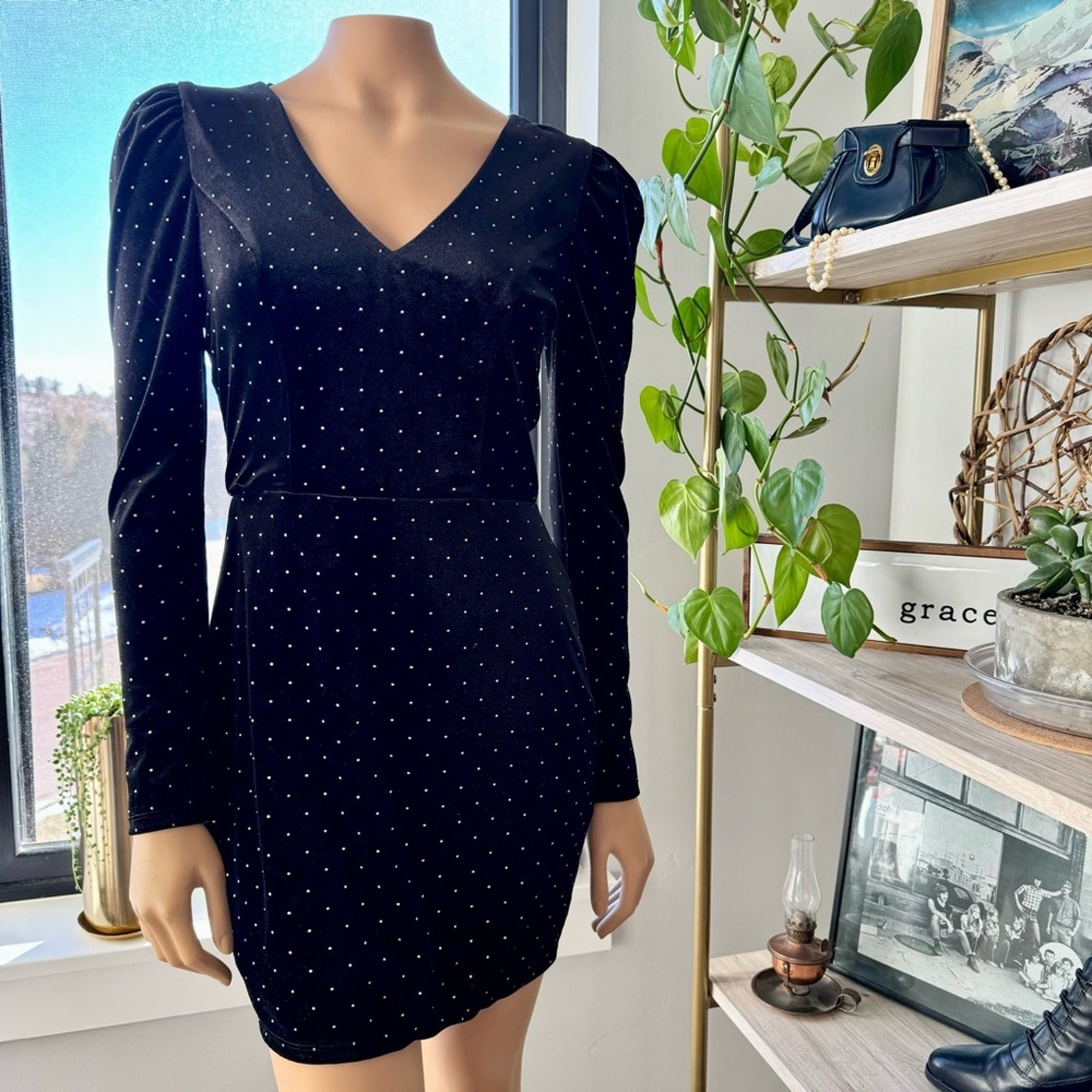 NWT-Miami for Francesca’s-Chrissy V-Line Velvet Dress w/ Silver Polka Dots-Small
