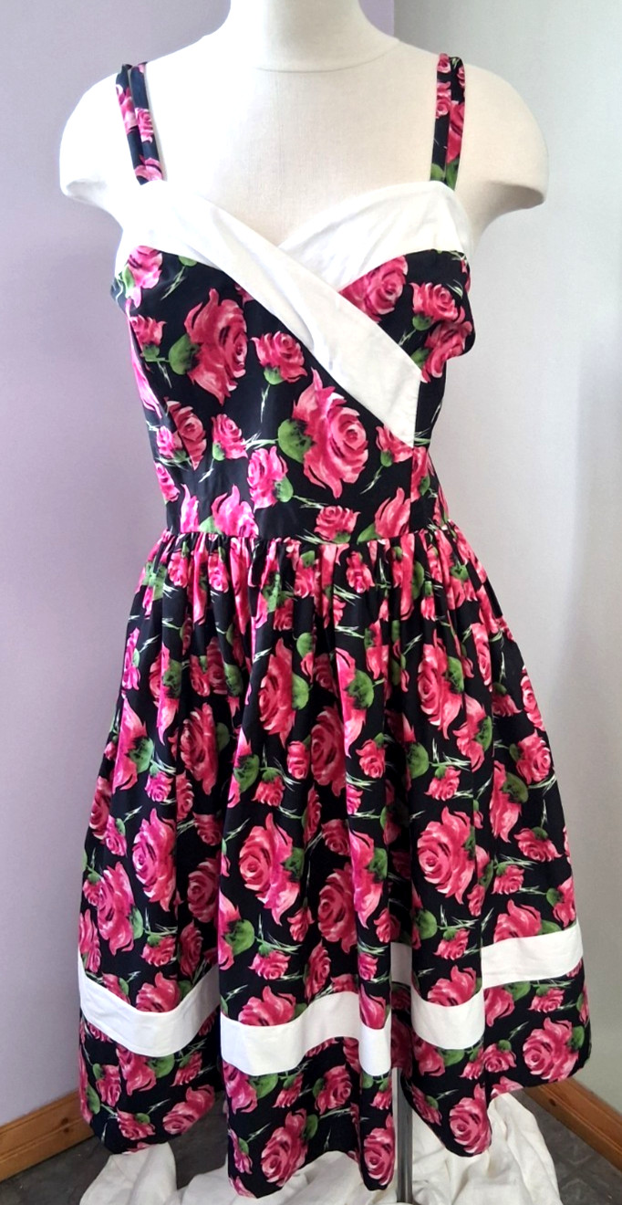Unique Vintage Women Dress Pink Red White Black Adjustable Straps ROSES XL 14