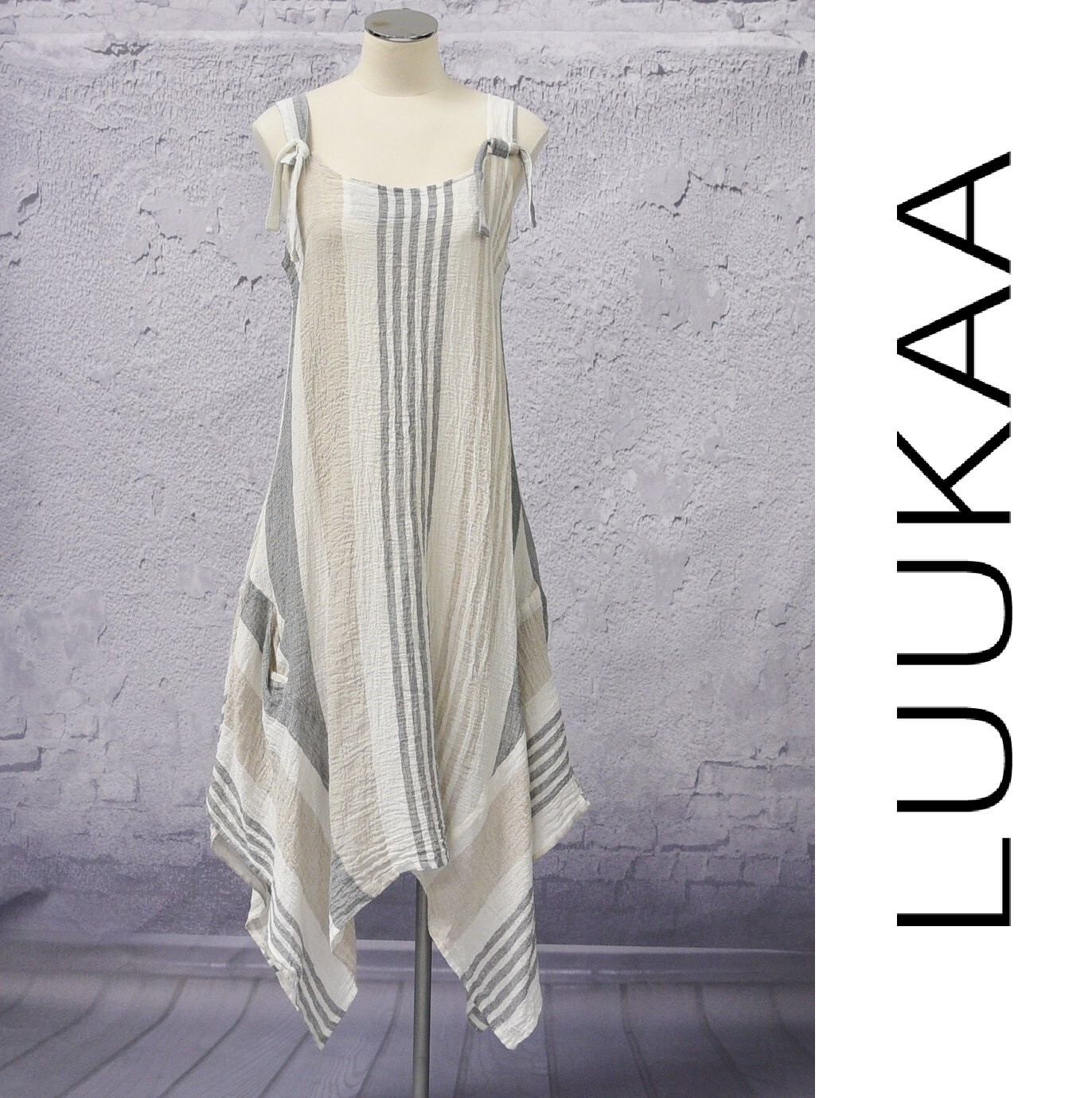 LUUKAA Linen 0527 Lagenlook FLOSSIE FROCK Jumper Tunic (sizes 6-20) BEIGE STRIPE