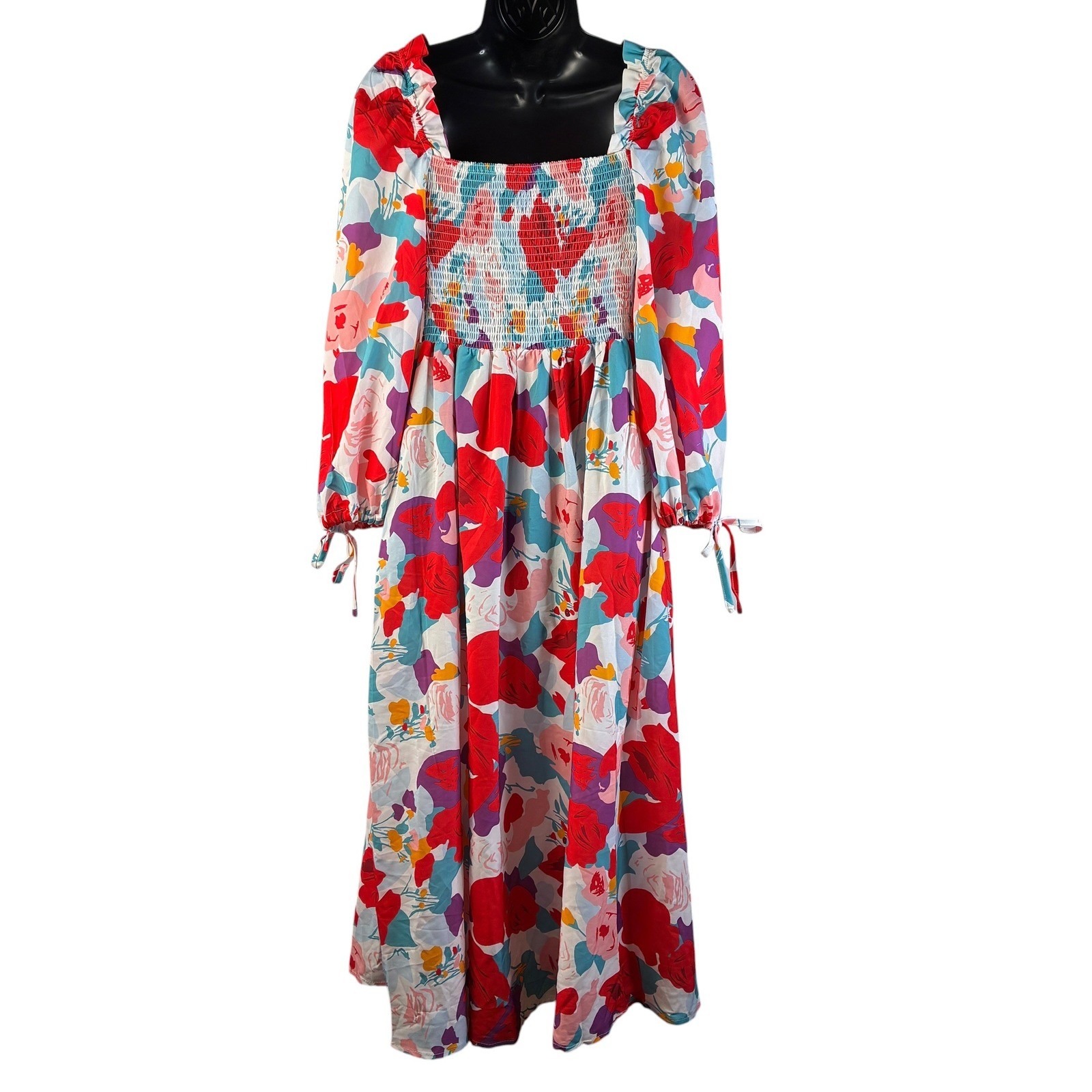 SundayUp Womens Floral Smocked Maxi Dress Long Puff Sleeve Tiered Multicolor LG