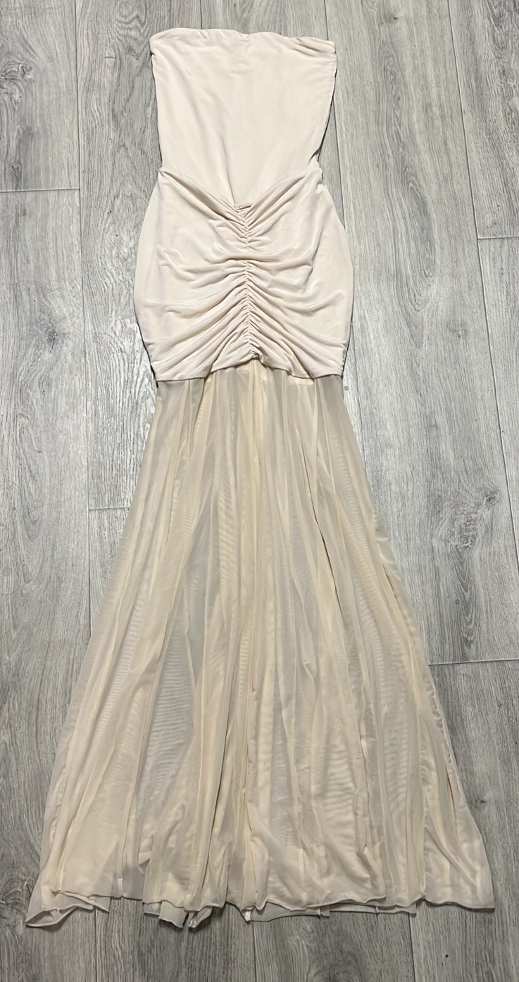 MESHKI Beige Strapless Ruched Stretch Mesh Maxi Dress Formal XS