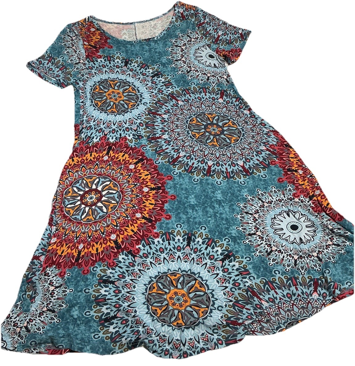 WOMENS Shift T-Shirt Dress Multicolor Geometric Vibrant Boho Hippie Pockets M/L