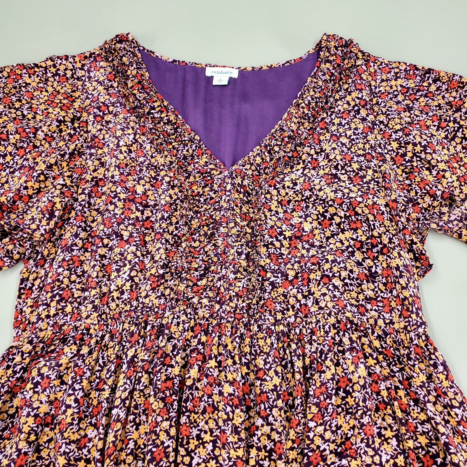 Sundance Womens Size L Boho Dress Mulberry Crepe Floral V Neck Flutter Sleeve
