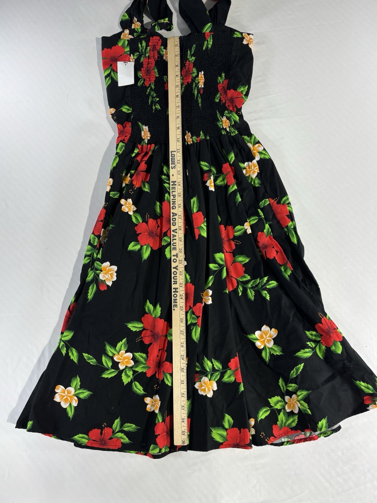 Royal Creations Hawaiian Black Smocked Halter Sundress Size L Floral Hibiscus