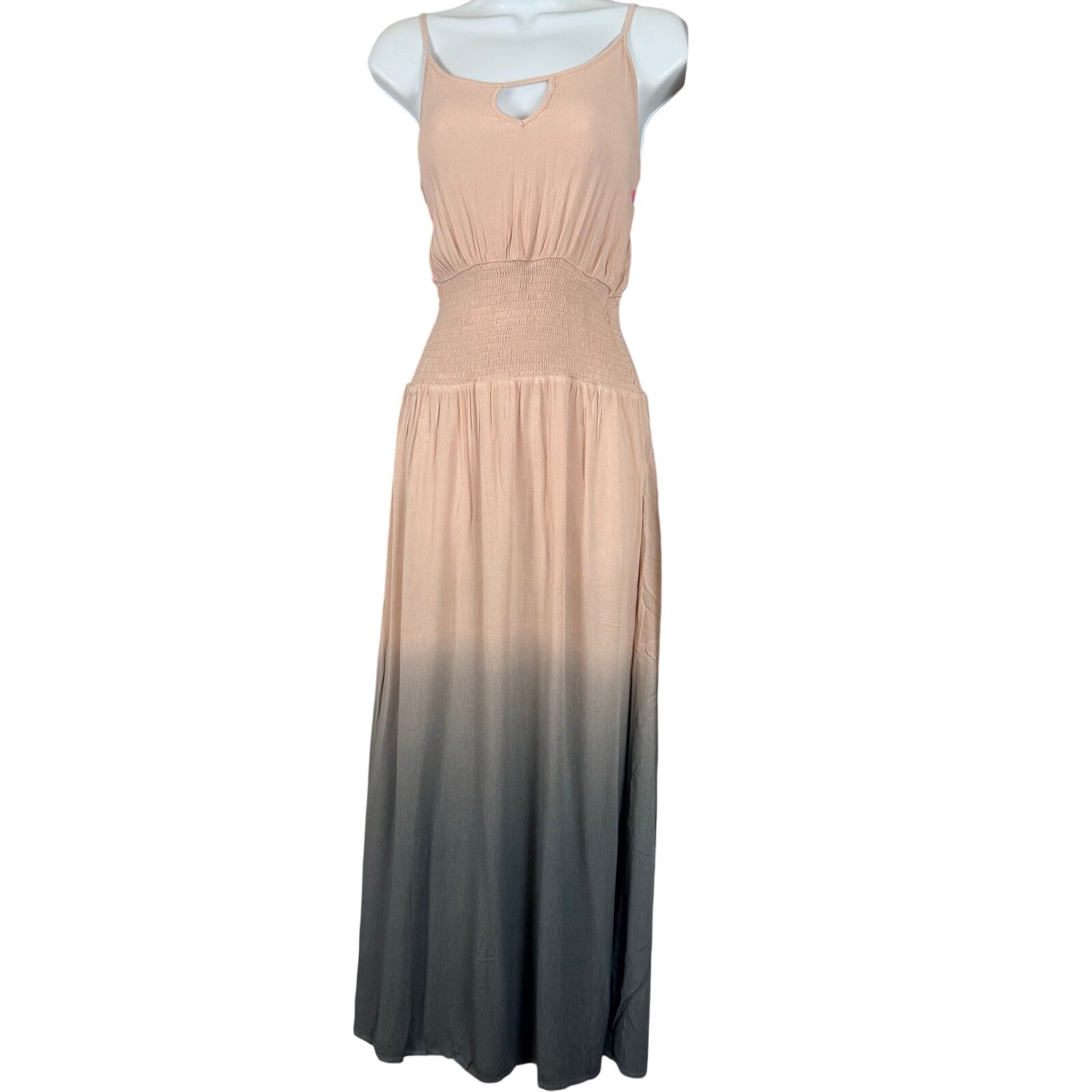 Peach/Pink Grey Ombre Maxi Dress Smocked Waist Keyhole Size Small