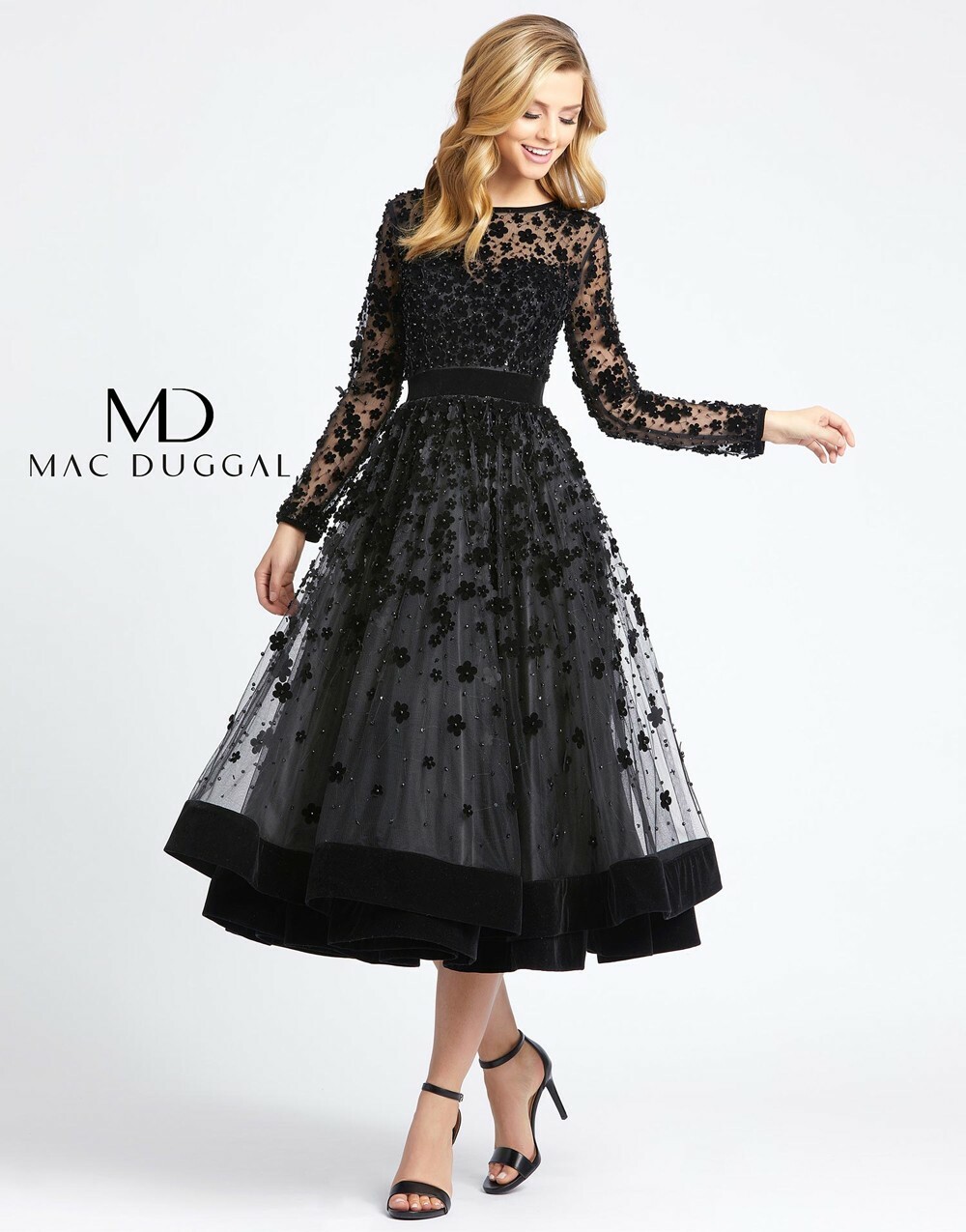 MAC DUGGAL 67007D Black Floral 3D Luxe Velvet Sheer Long Sleeve Tea Dress 12 US