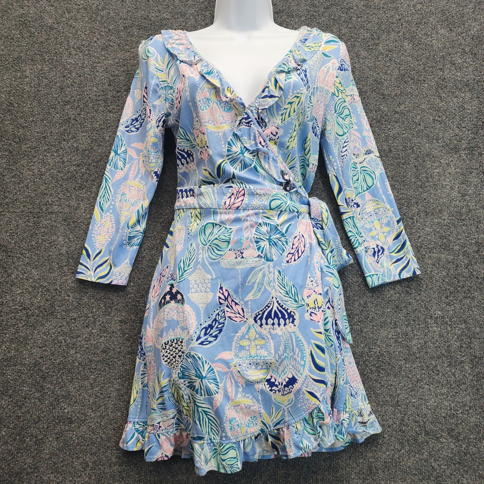 Lilly Pulitzer Faux Wrap Ruffle Hem Jersey Dress Tropical Beach Resort Size S