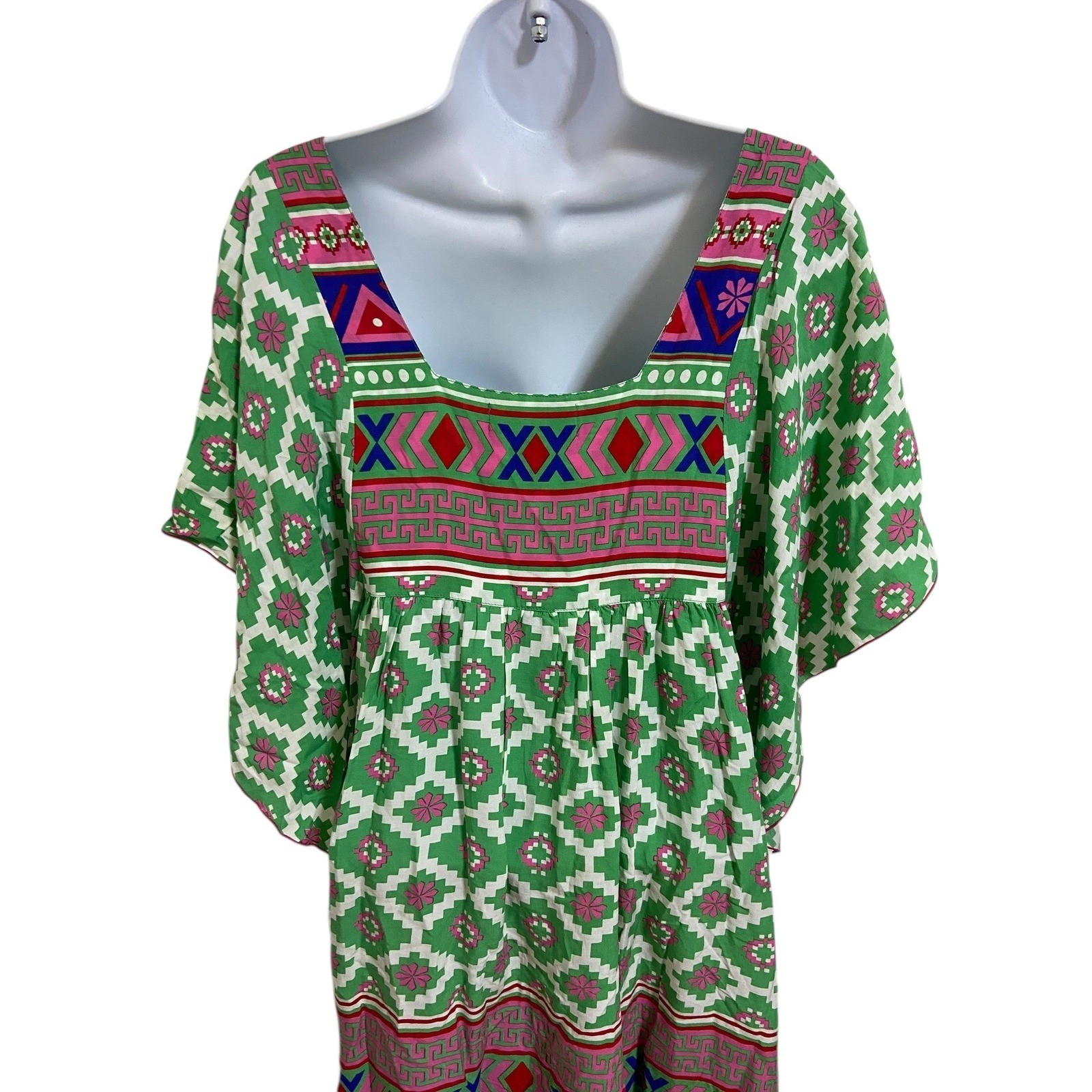 Feather & Find Boho Luxe 100% Bamboo Green Geometric Print Mini Dress M Bali
