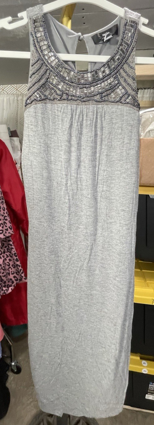 MOSSIMO Gray Soft Maxi Dress Sz S Halter Beaded Neckline Stretch Lined Festival