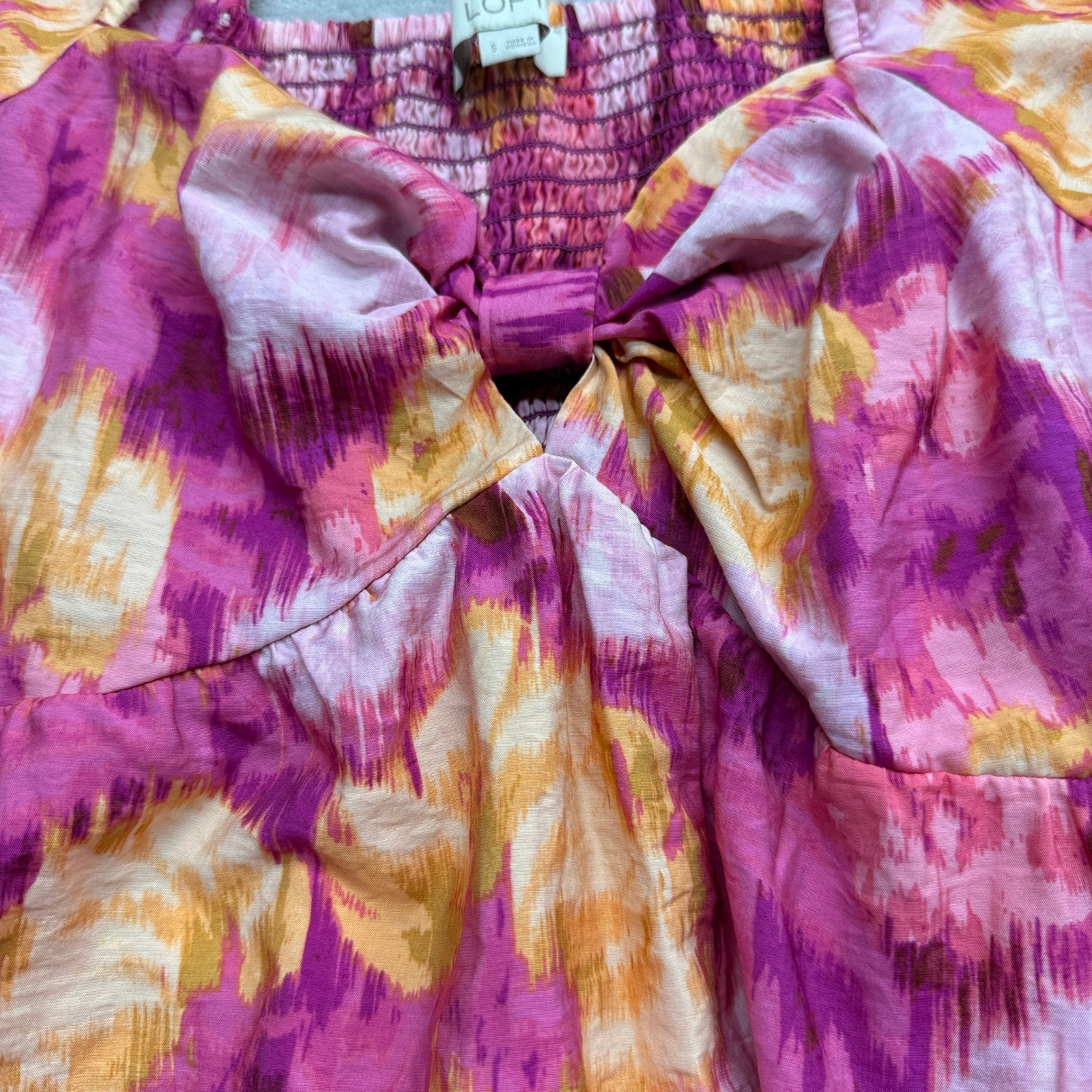 LOFT Dress Womens Small Pink Orange Floral Puff Sleeve Smocked Boho Cottagecore