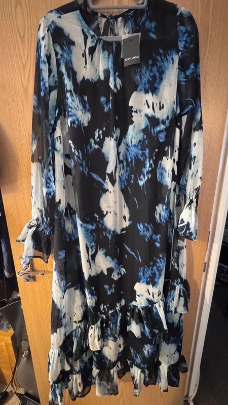 New J D Williams smart chiffon ruffle dress blue black lined size 18