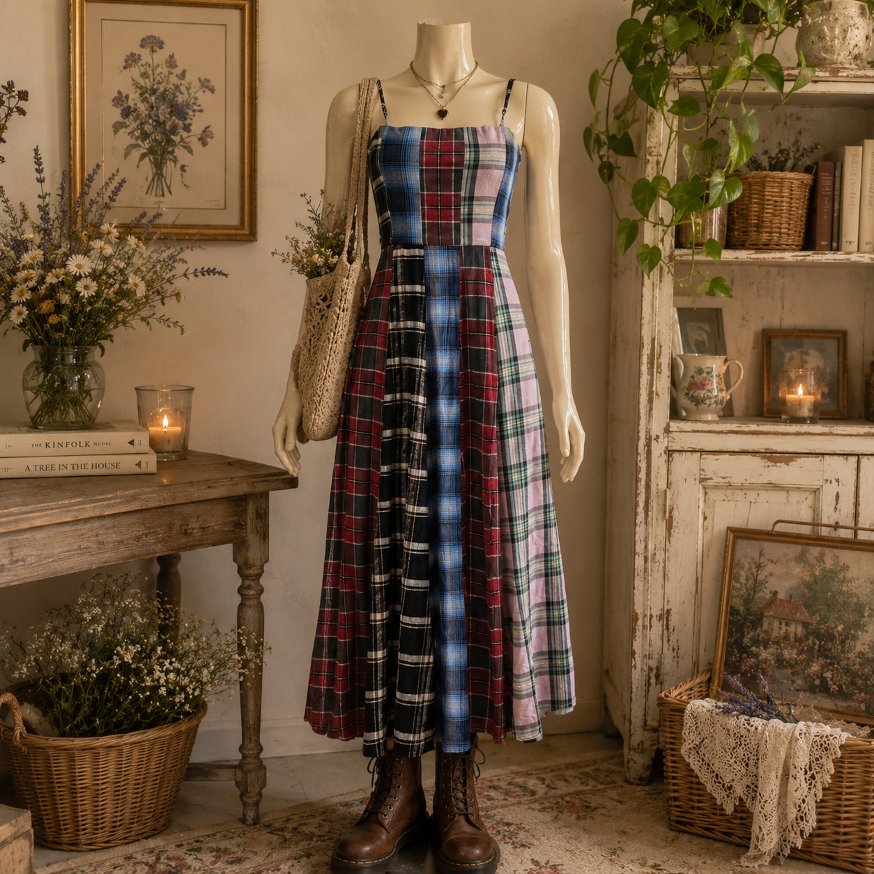 Autumn Adeigbo Dress Womens 2 90s Plaid Soft Grunge Cottage Midi Sleeveless Boho