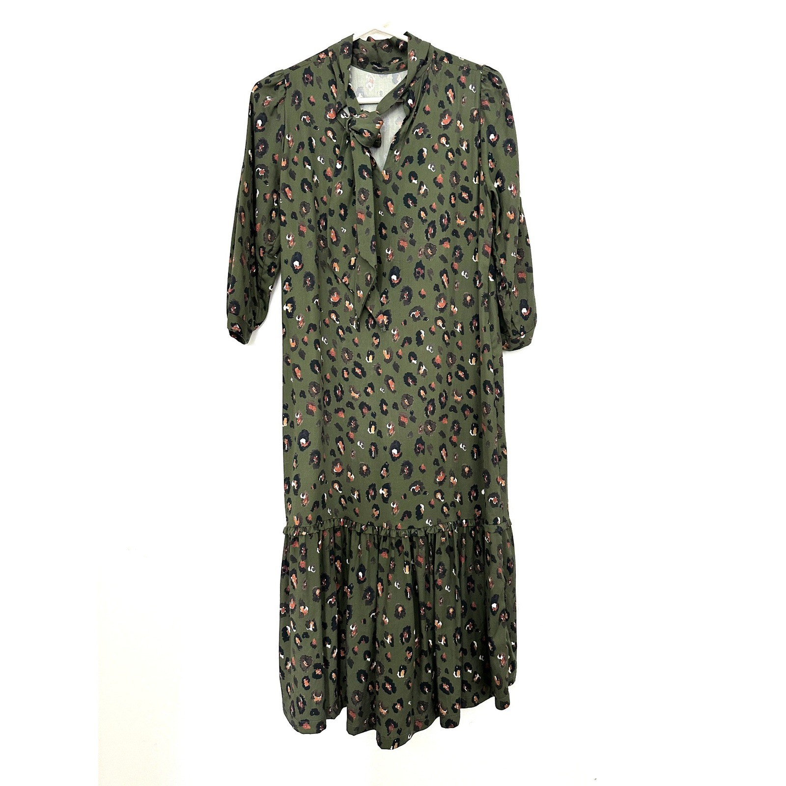 Brooke Wright Dress Womens XS/S Midi Olive Green Leopard Print Bow Neck Ruffle