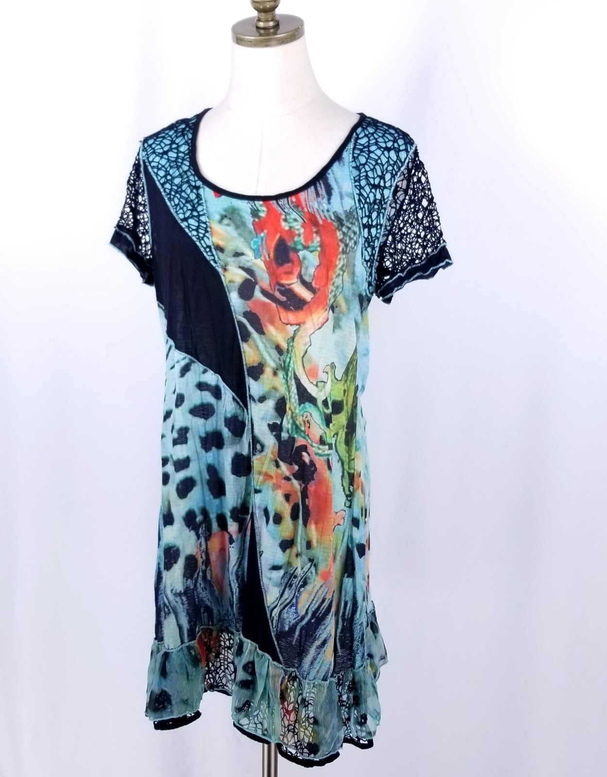 FLEUR DE LIS Tunic Dress Size M Blue Animal Print Mesh Accent Ruffle Hem