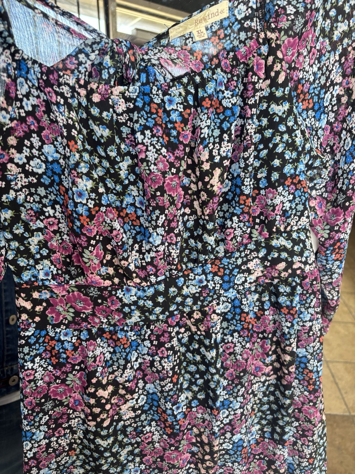 Rewind Black Multicolor Floral Chiffon Mini Dress V-Neck Tie Ruffle XL
