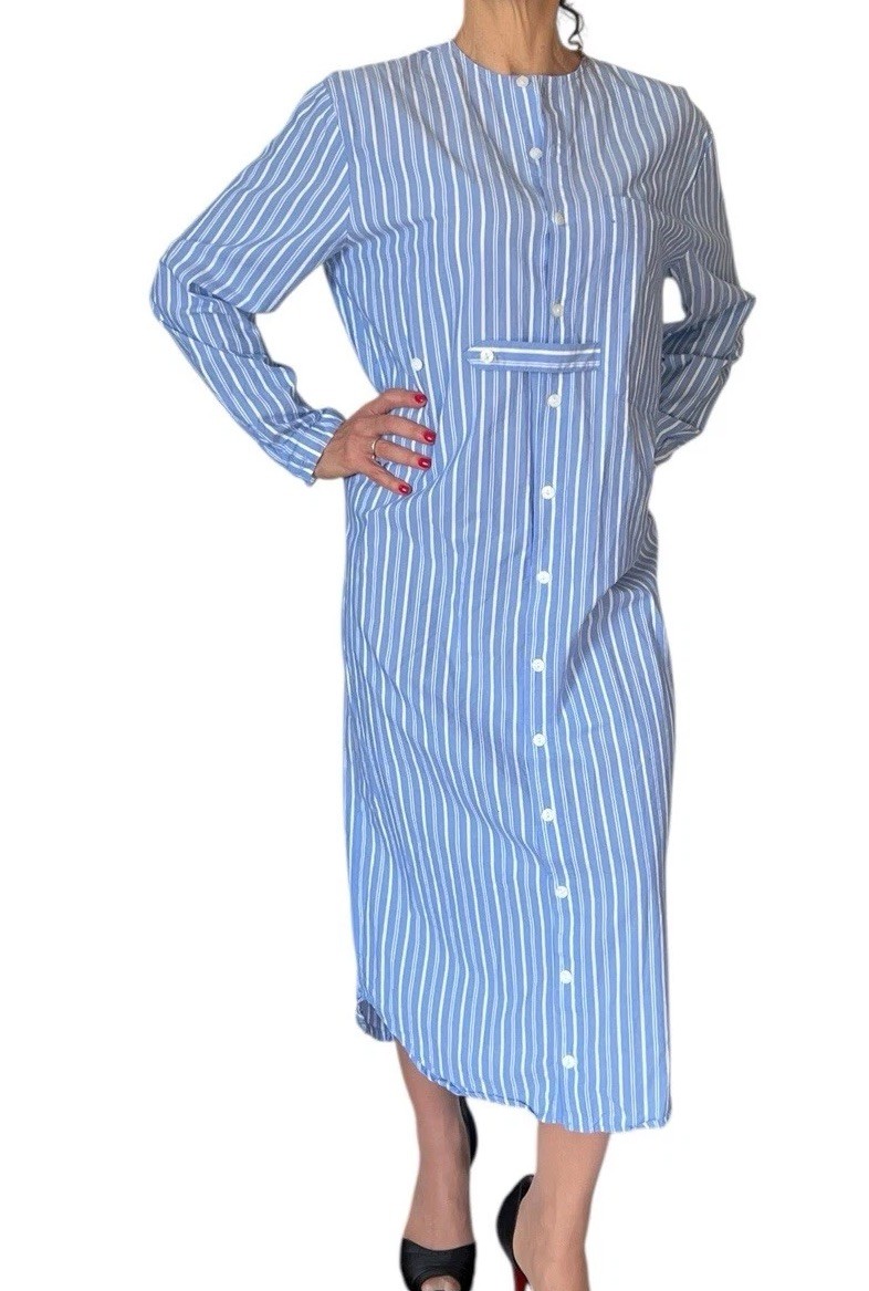 SOLIKA BLUE STRIPE SHIRT DRESS LONG SLEEVE POPLIN MODEST MIDI OVERSIZED S OR M