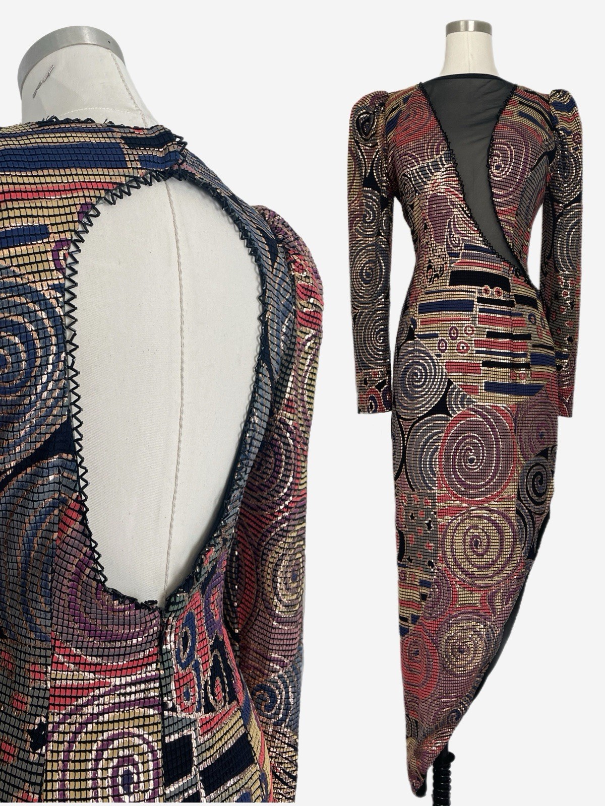 Vintage 80s/90s Janine Abstract Mosaic painted asymmetric dress avant garde S
