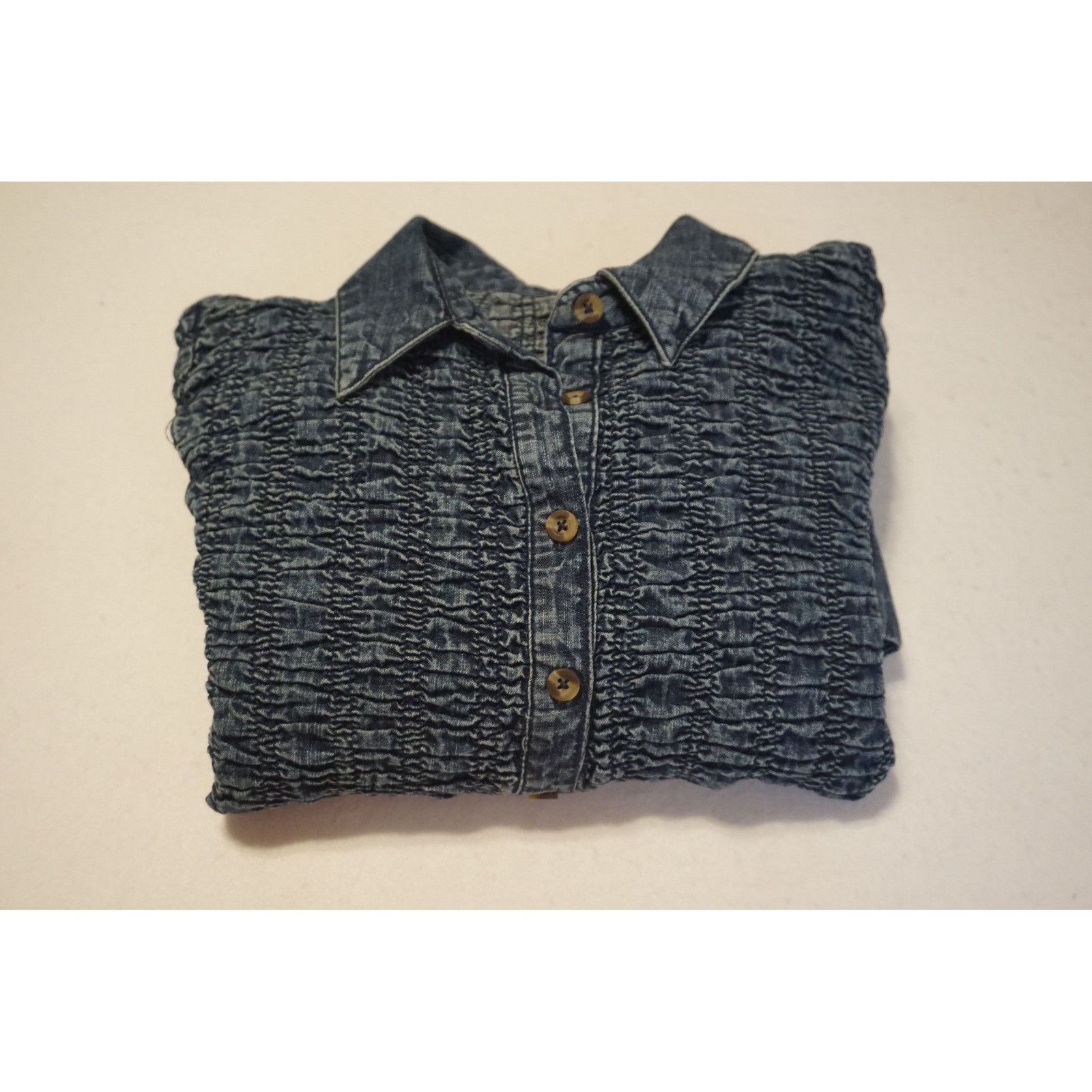 Free People Smocked Denim Button Down Mini Dress Medium Wash Blue Boho XS