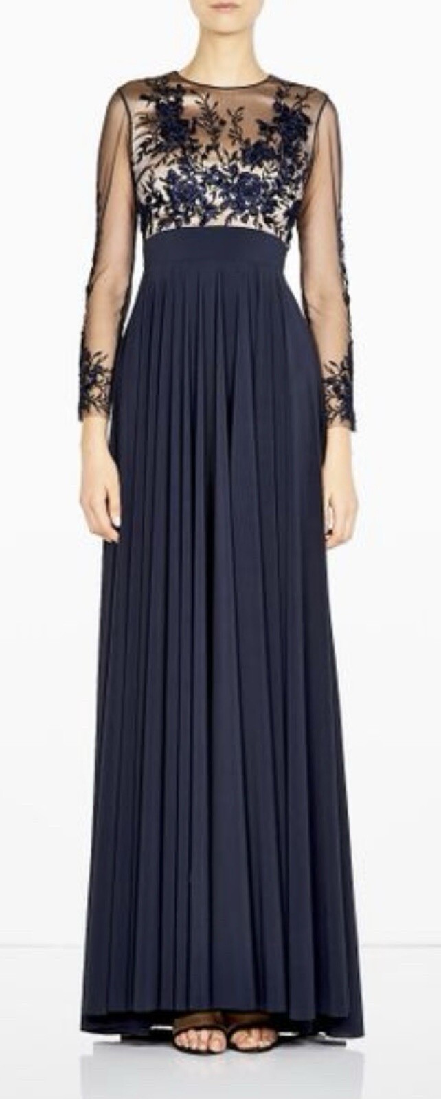 Catherine Deane Siri Embroidered Tulle Blue Long Sleeved Gown Sz 10 Silk Lining