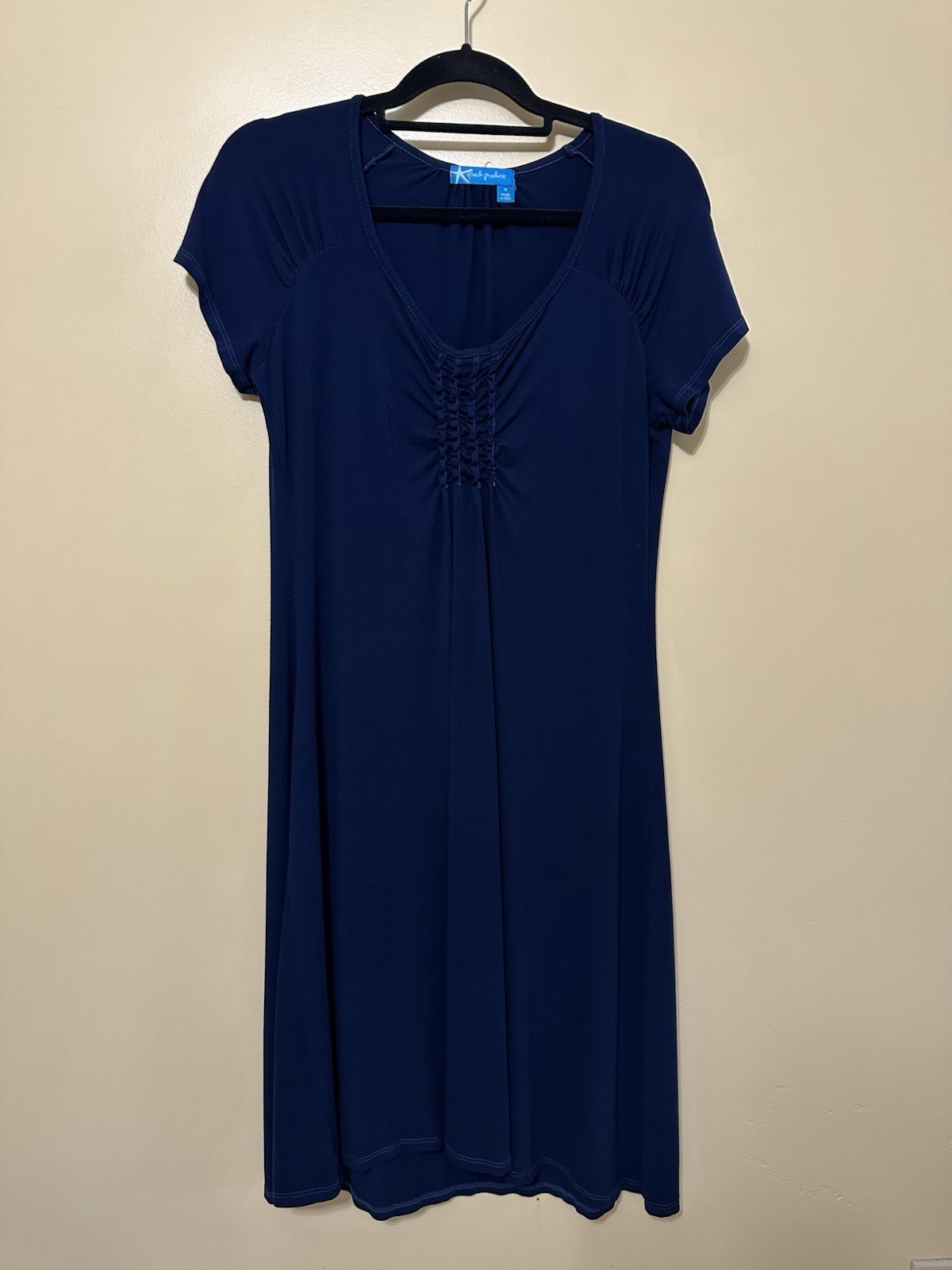 Fresh Produce Emma Dress Ruched MIDI Lightweight Comfort Women M Navy