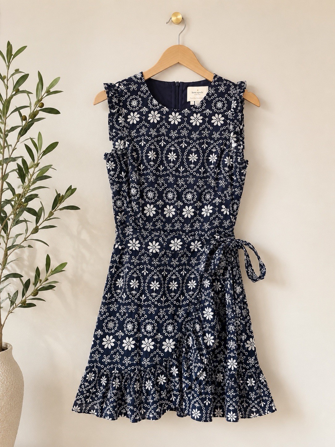 NWT Authentic KATE SPADE Eyelet Wrap Dress 100% COTTON in Navy/White Sz 0 $398
