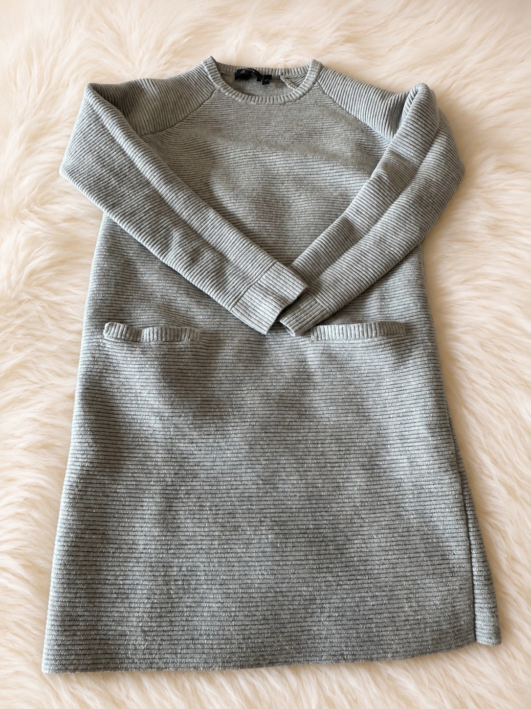 Theory Gray 95% Wool Blend Rib Knit Sweater Dress Crew Neck Long Sleeve Size S