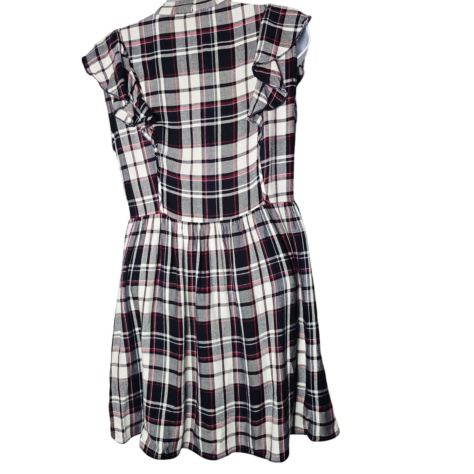 AQUA Plaid Ruffle Tie Neck Mini Dress Women S Red Navy White Rayon Academia Y2K