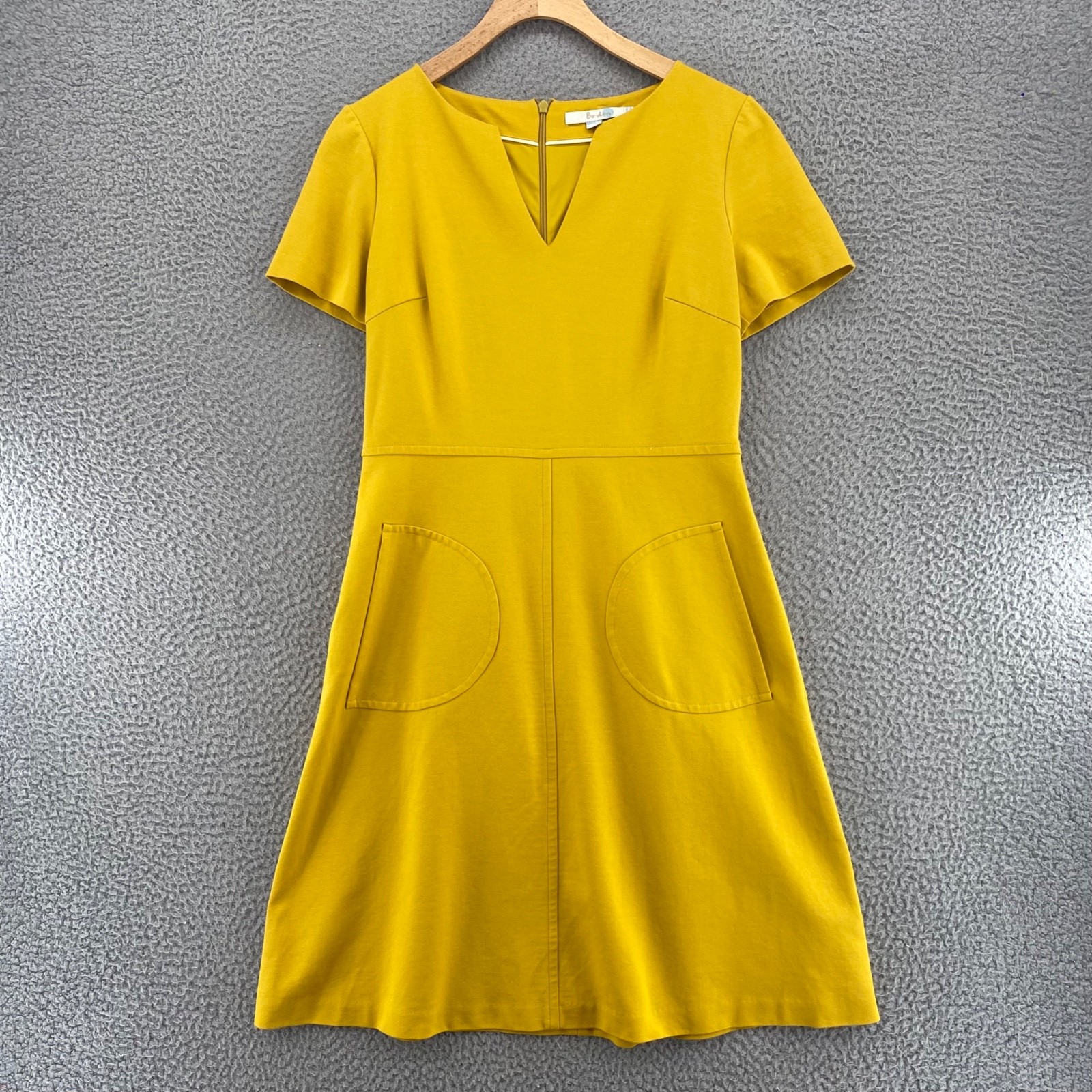 Boden Dress Womens 8 Yellow Mini Fit & Flare Short Sleeve Ponte Knit Notch Neck