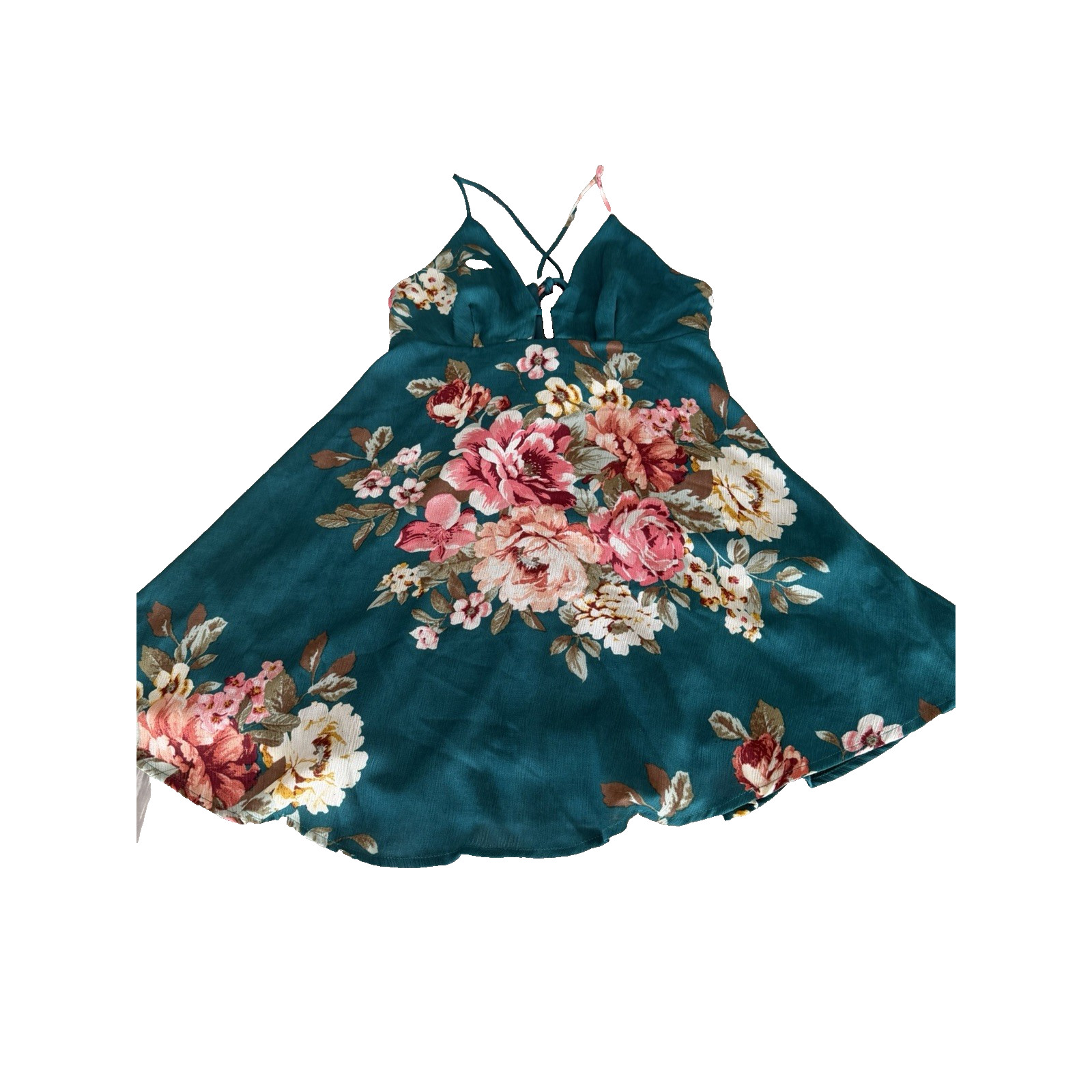 Lulus Lily Pond Teal Green Floral Print Swing Dress Woman Size Small Mini Summer