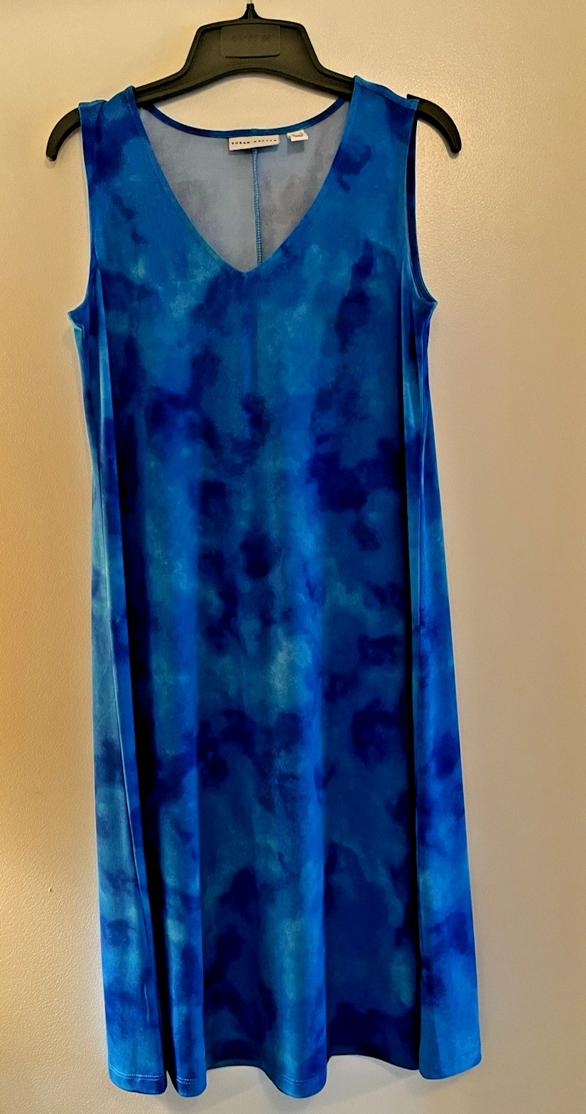 Susan Graver Women V-Neck Sleeveless Liquid Knit Stretch Maxi Dress Size S Blue