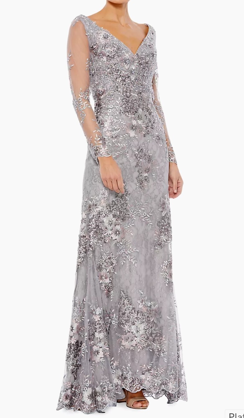 MAC DUGGAL 67539 Platinum Embellished V-Neck Illusion Long Sleeve Gown Size 2