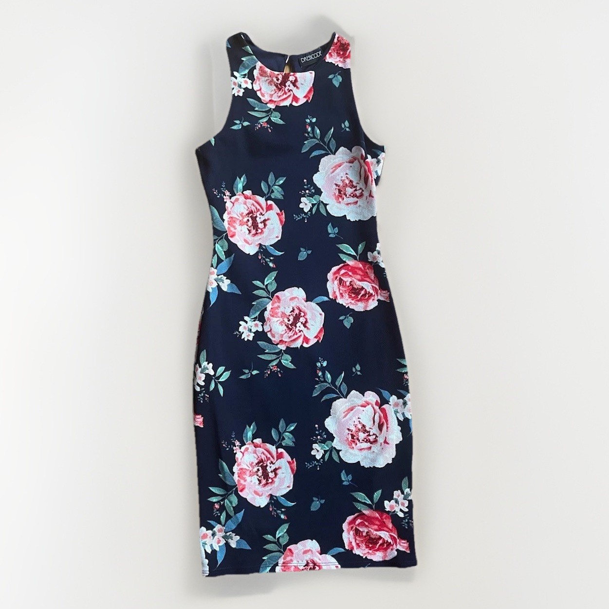 Dresscode LA Navy Floral Dress Rose Print Sleeveless Midi Mad Men–Inspired