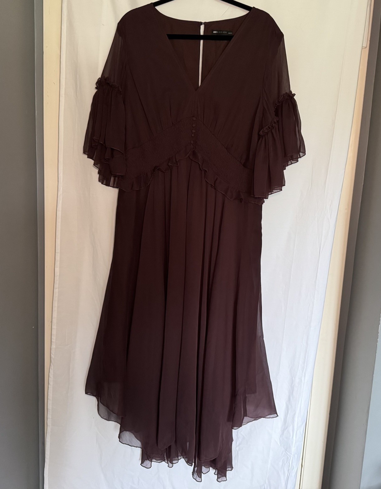 ASOS DESIGN Maternity Flutter Sleeve Midi Dress Chiffon Maroon Burgundy Size 14