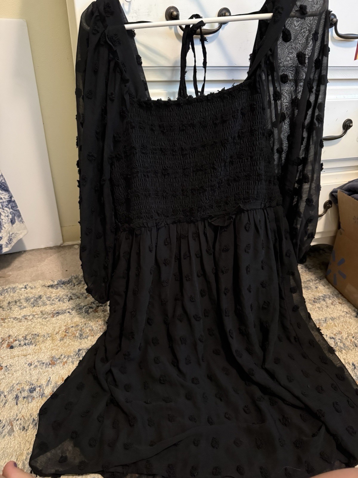 ZESICA Black Polka Dot Maxi Dress Long Sleeve Square Neck Smocked Tie XL